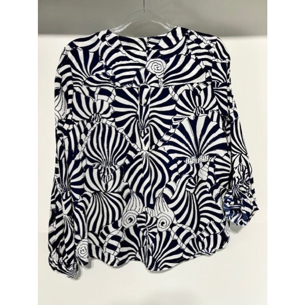 Caribbean Joe L Navy White Seashell Print Roll Tab Blouse Coastal Resort Beach - Picture 4 of 7